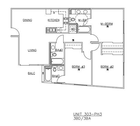 Floor plan for 3 beds, 3 baths, 1364 sqft
